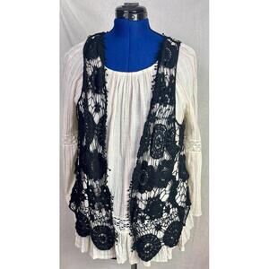 Style & Co Peasant Blouse Cream Gauze Cotton Lace Trim Boho Romantic Cottage Med